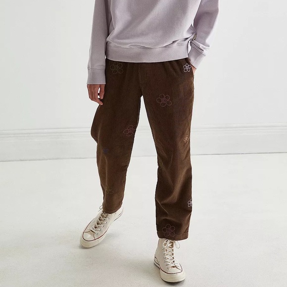 Urban Outfitters Brown Corduroy Floral Embroidered Pants Sz S Fall Trousers - Picture 1 of 7